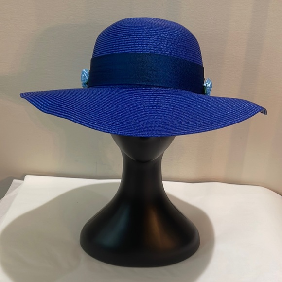 Vintage Blue Hat With Navy Band With Flowers - Picture 2 of 4